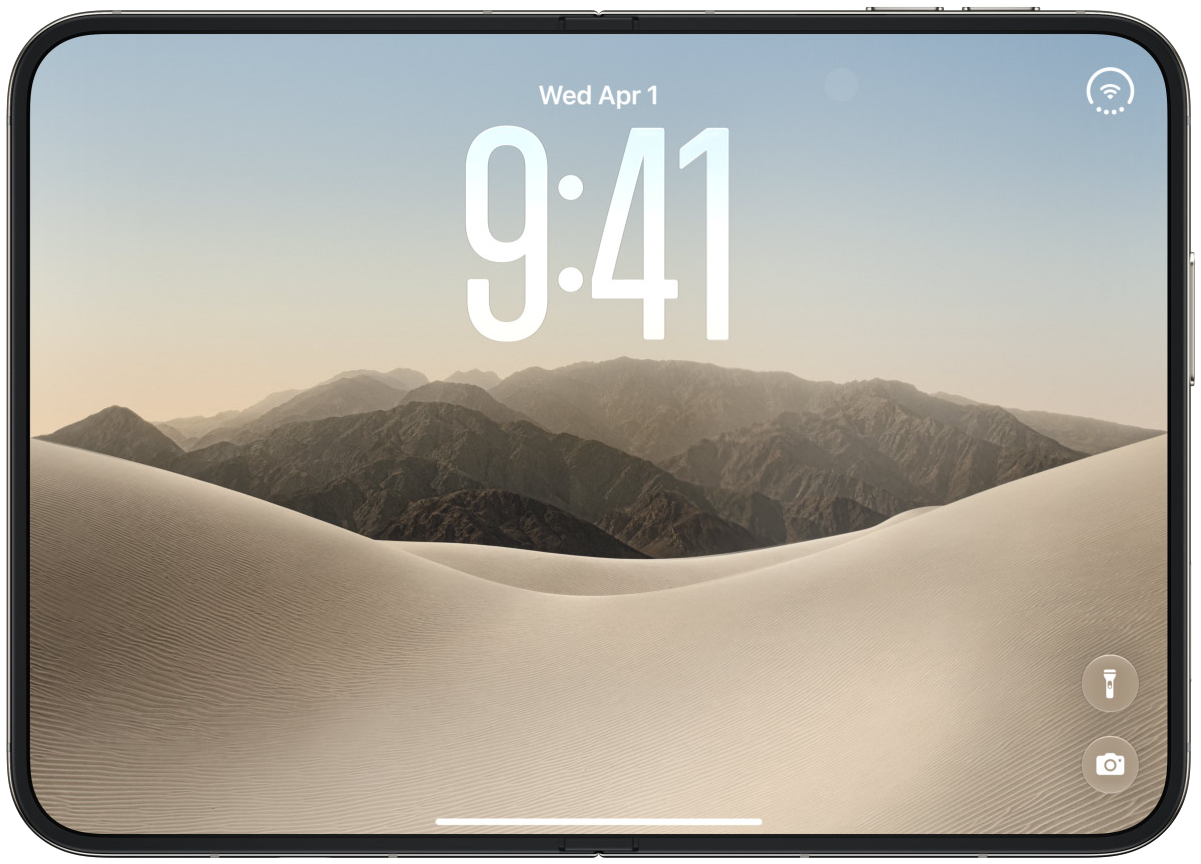 iPhone Fold, opened, showing the month plan on the big screen
